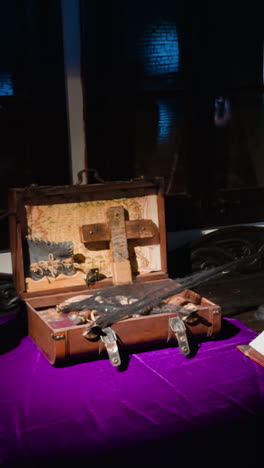 old wooden suitcases with cross, thick book and candle in the room with dim light. showpieces exhibited at bran castle, romania. vertical video