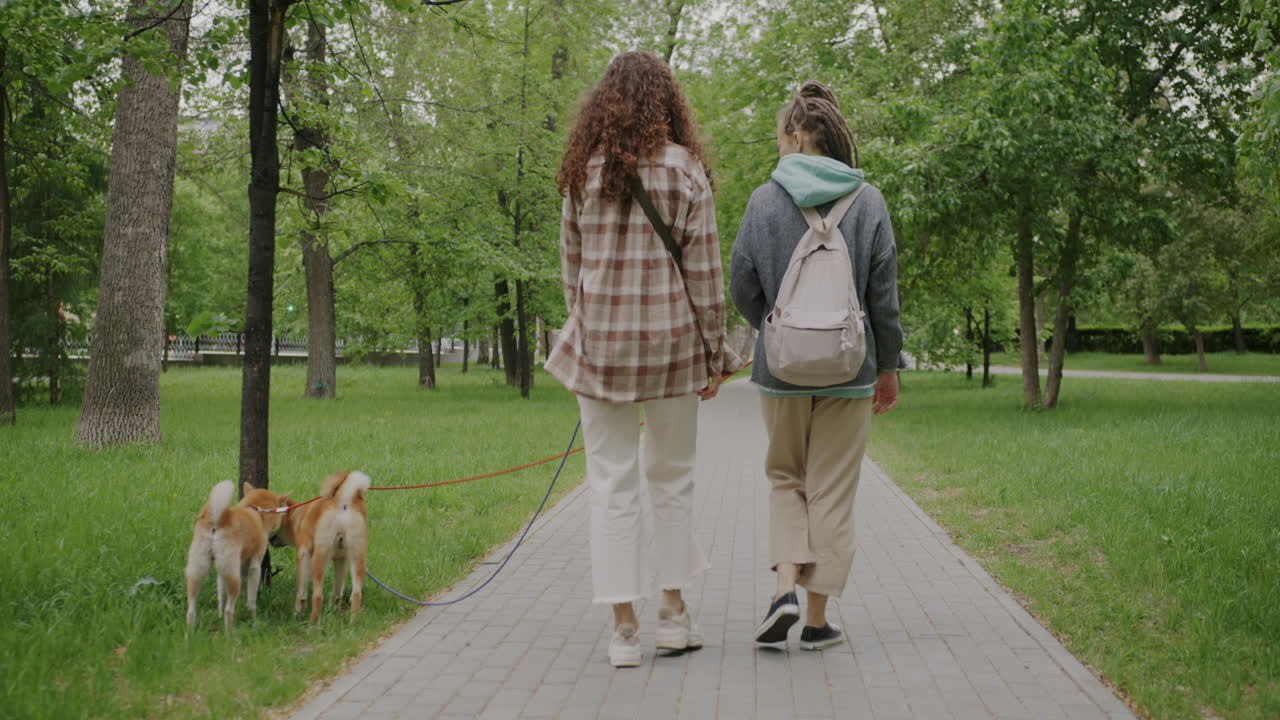 Two Women Walking Their Dog in a Park