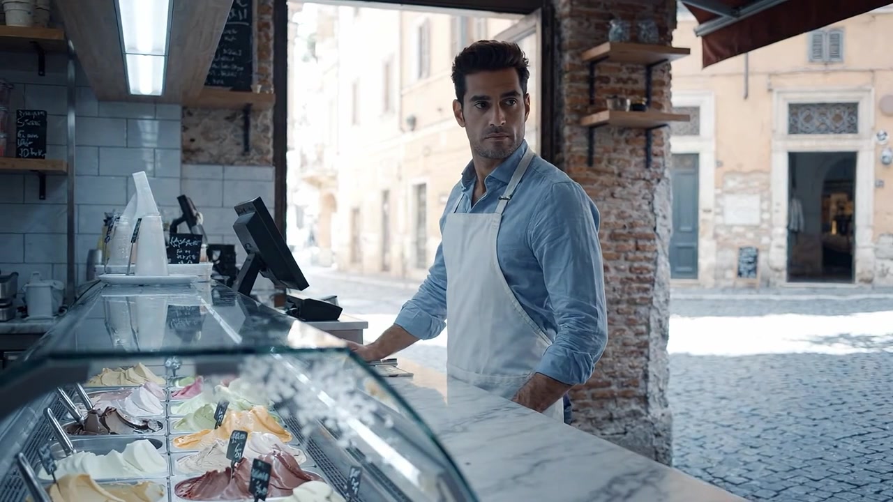 L'esperienza di una gelateria: la prospettiva di un venditore mentre si prepara a servire il dessert ai clienti in un'incantevole ambientazione esterna.