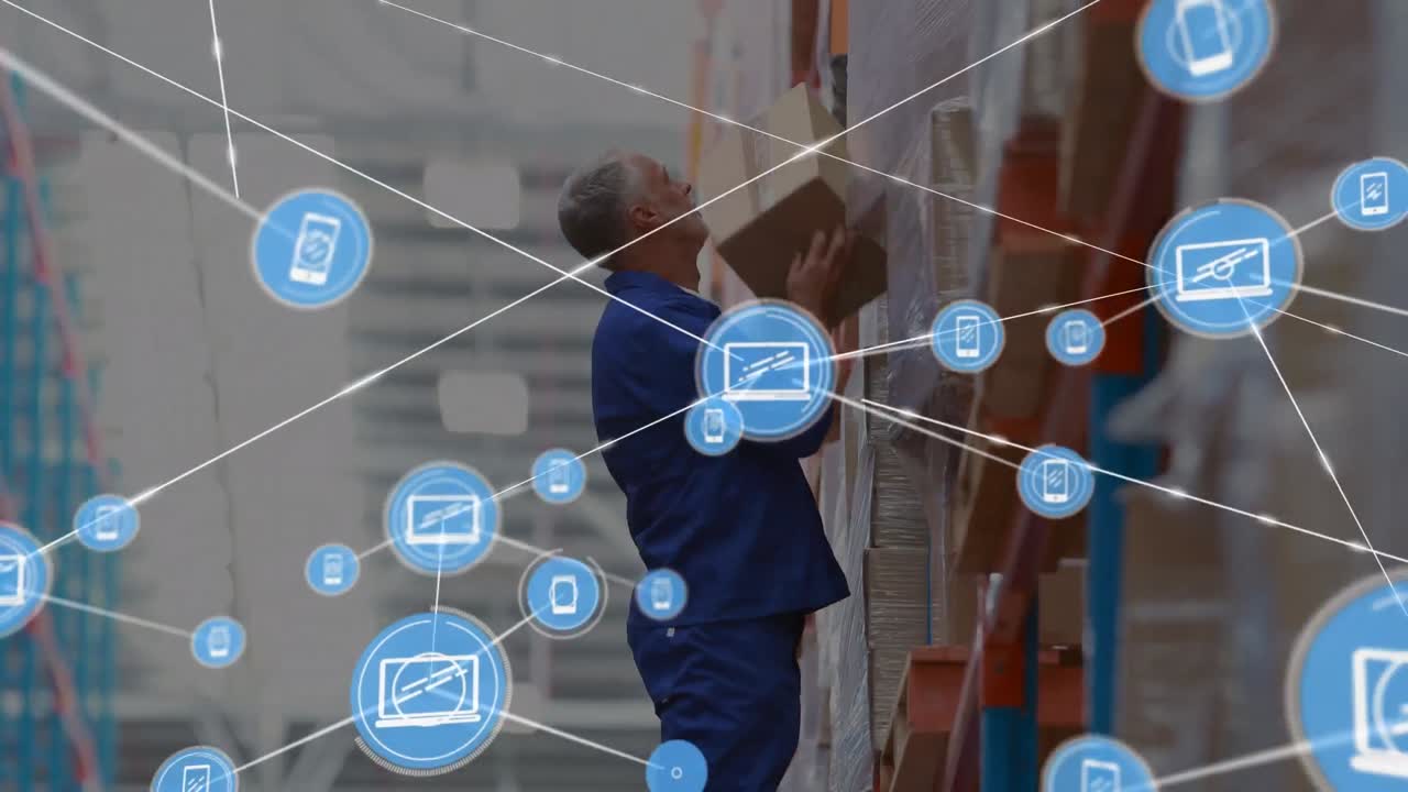 animación de la red de conexiones con iconos sobre el hombre caucásico en el almacén