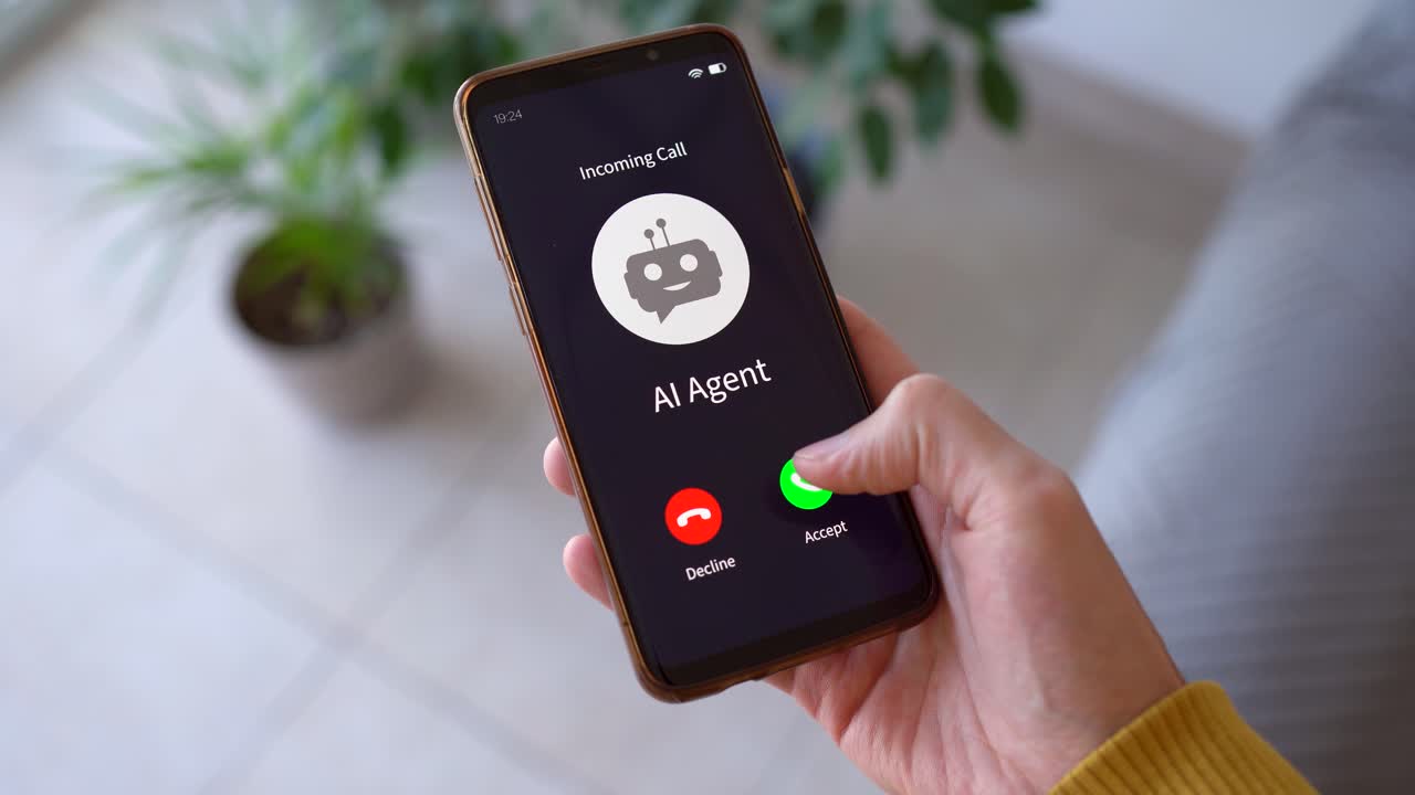 Mobile Phone Screen Showing An Incoming Call From AI Agent. - closeup shot