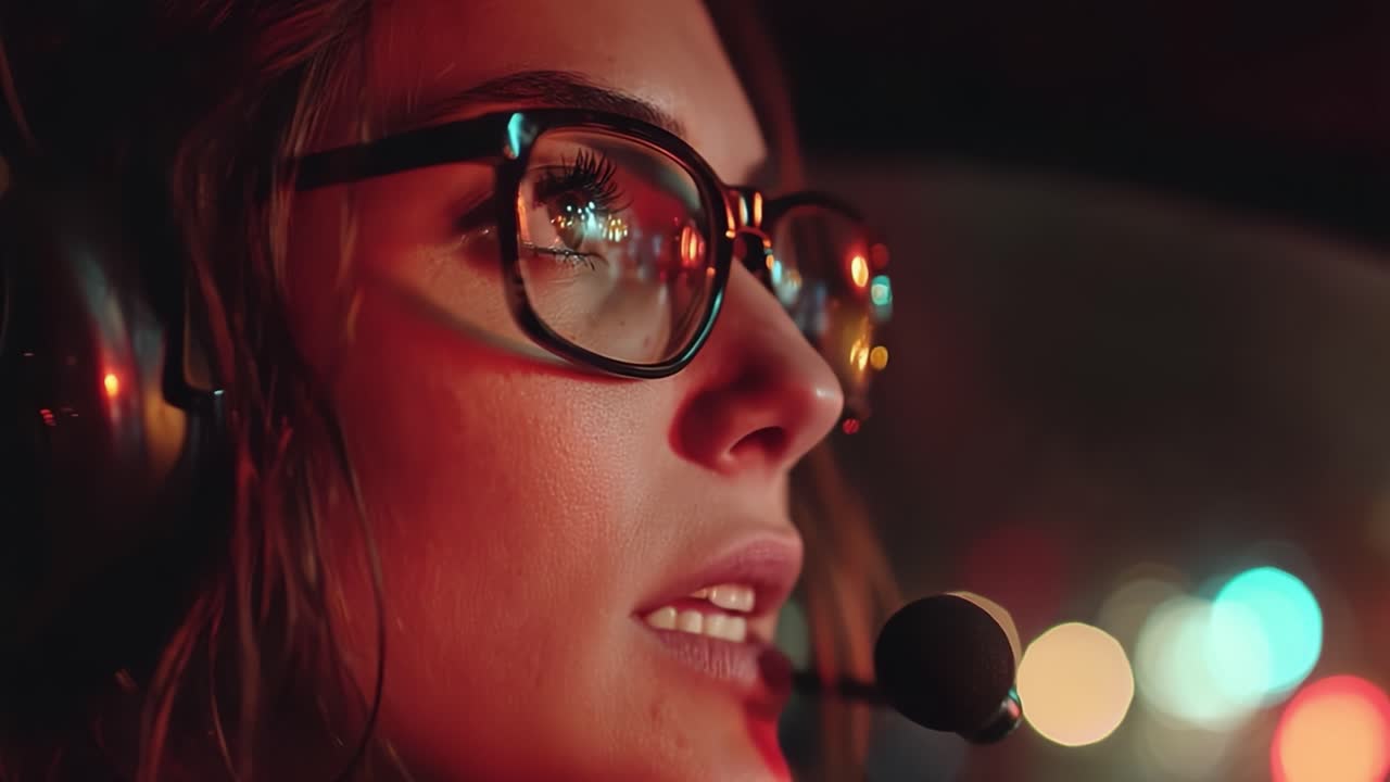 Intense Focus and Determination: Close-up Frames of a Woman in a Cockpit with Headset and Glasses, Capturing the Essence of Night Operations in a Vibrant, Colorful Environment