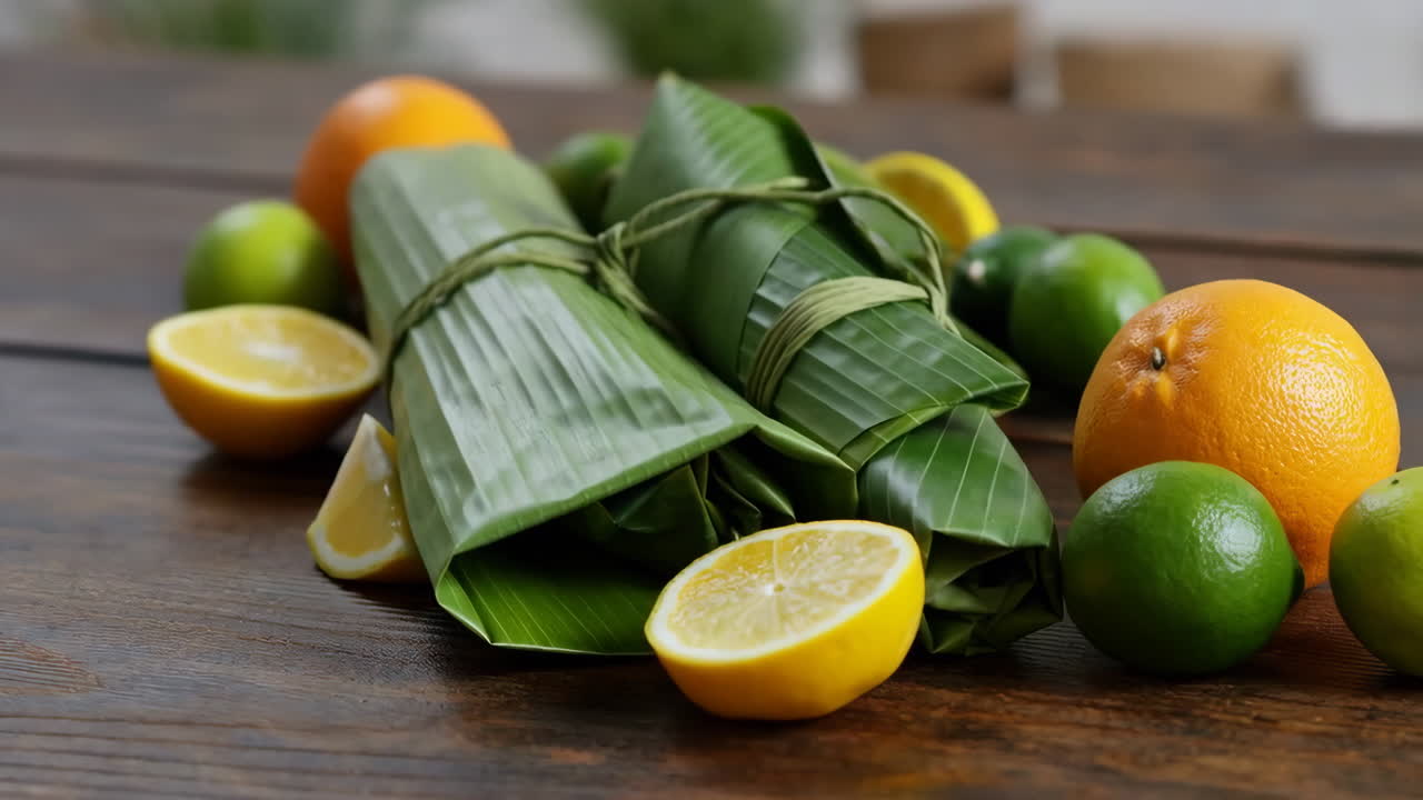 Traditional Wrapped Food with Citrus Fruits on a Wooden Table