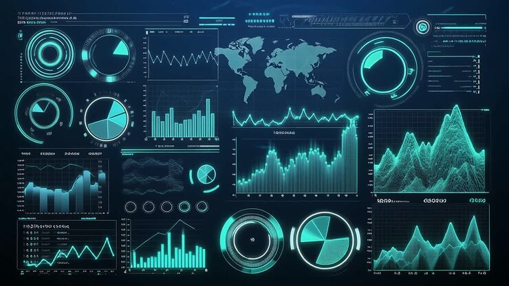 Digital Data Interface with Animated Graphs and World Map
