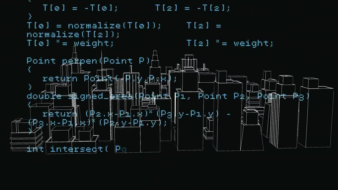 Animation of digital data processing over 3d cityscape spinning