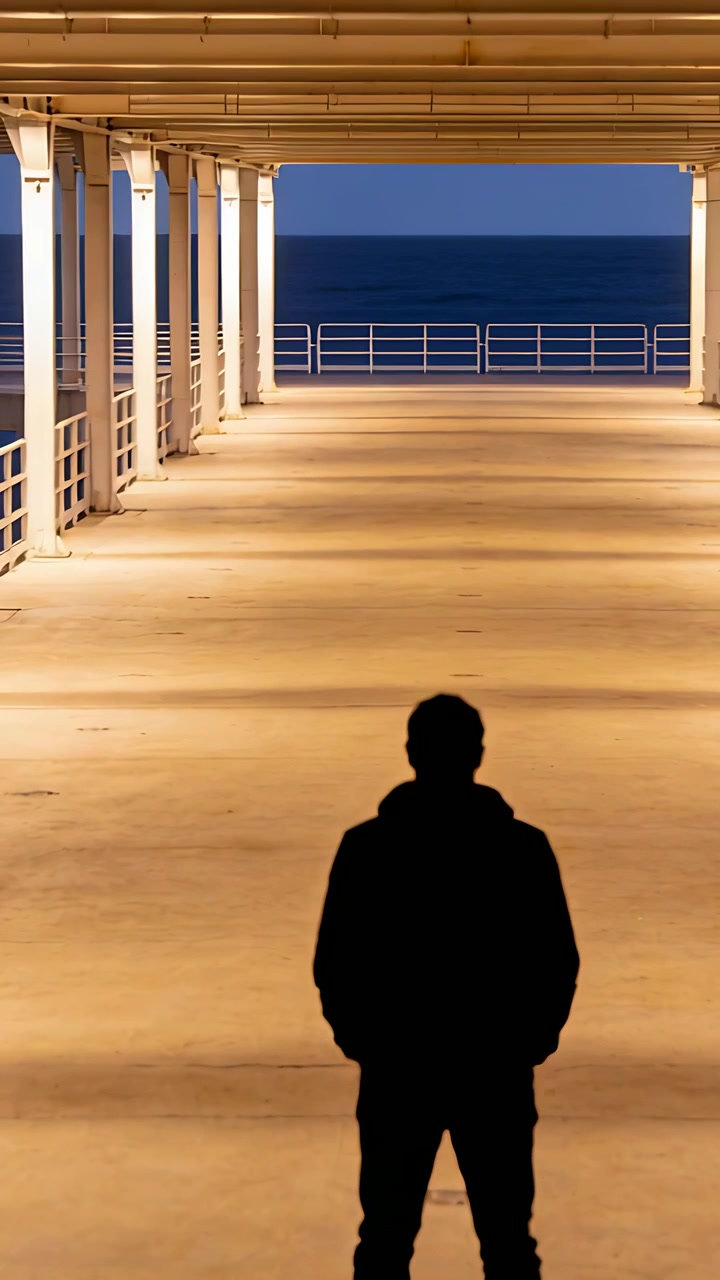 Vertical video: Frames advancing, man wearing hoodie stepping under pier to railing, watching sea