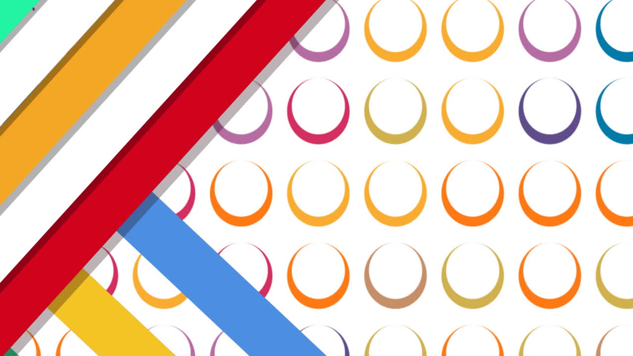 ⁇ 색 배경에 다수의 다채로운 움직이는 선과 원의 애니메이션