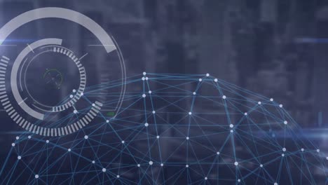 animation of scope scanning and network of connections over cityscape in background