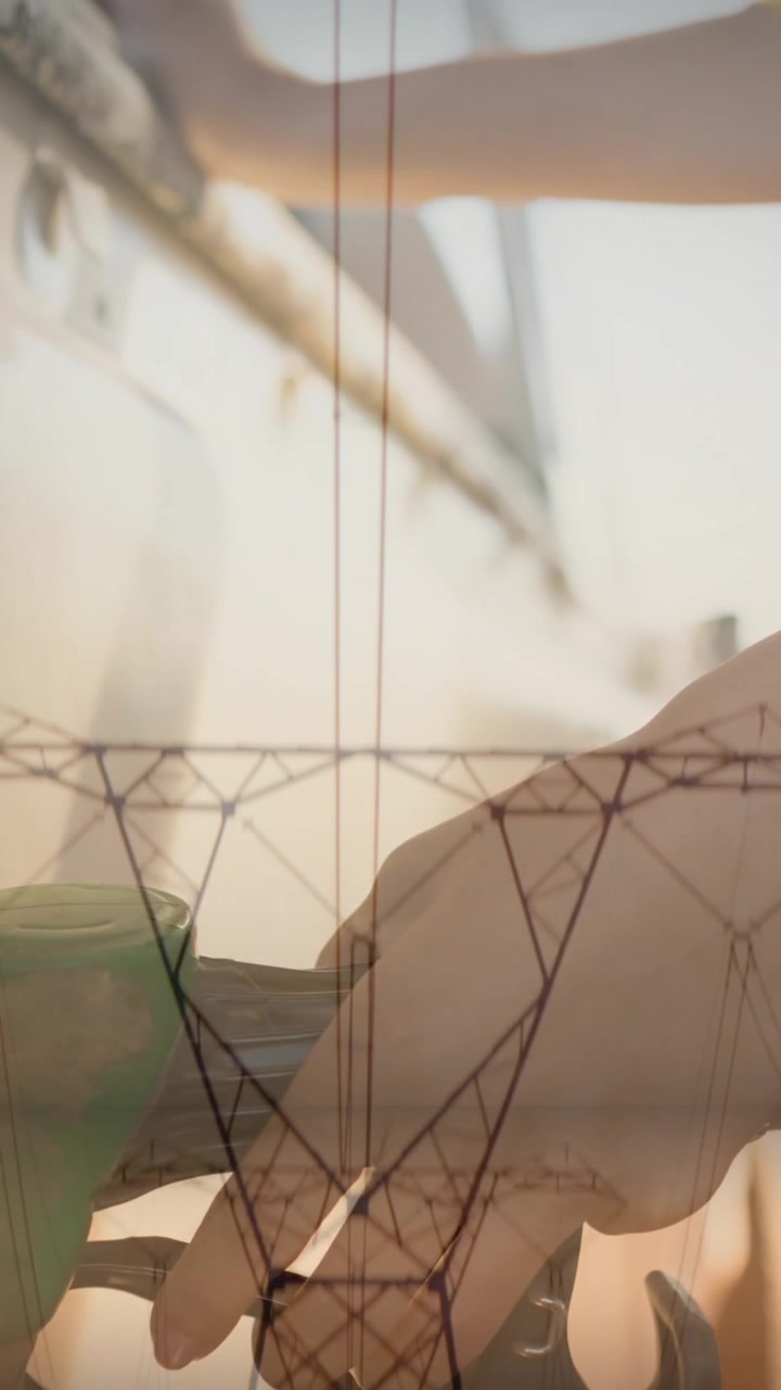 Animation of electricity poles over hands of caucaian woman refueling car
