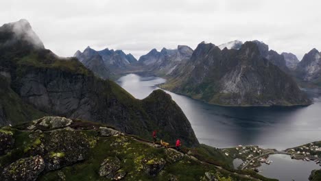 Vista-Aérea-De-Una-Pareja-Atlética-Y-Su-Perro-Golden-Retriever-Corriendo-En-La-Cima-De-La-Caminata-Reinebringen-Cerca-De-Reine,-Islas-Lofoten,-Noruega