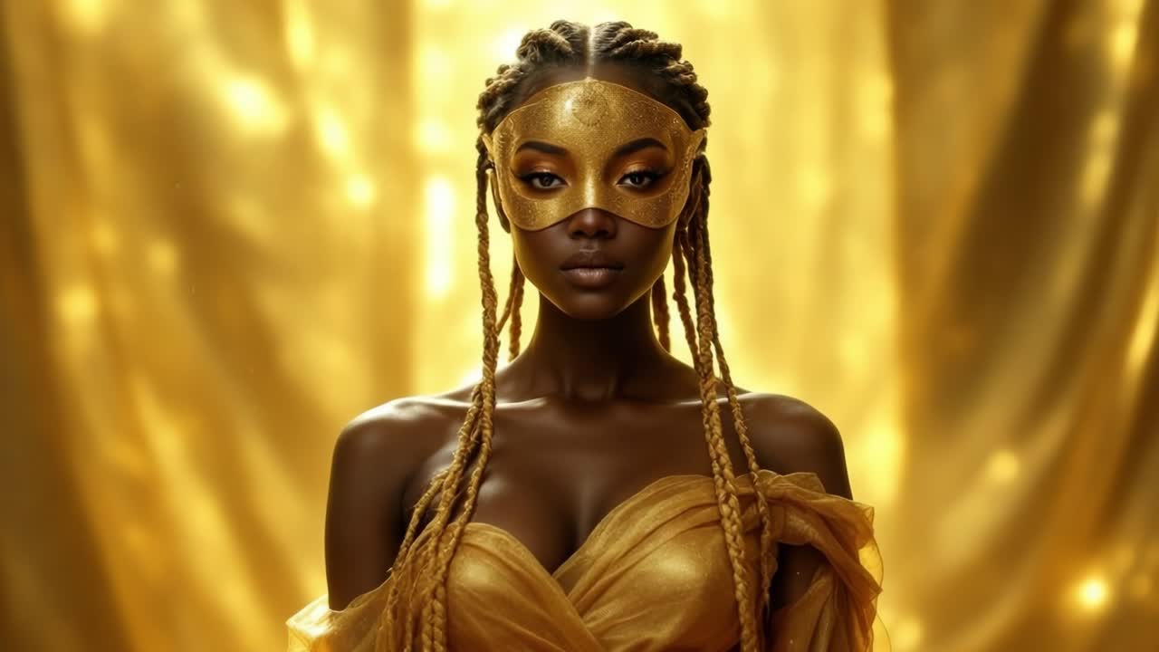 Ritratto in studio di un'elegante donna di colore con capelli intrecciati, che indossa una maschera dorata e un abito di lusso su uno sfondo metallico