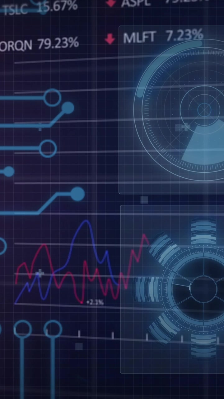 Animation of interface with microprocessor connections, statistical and stock market data processing