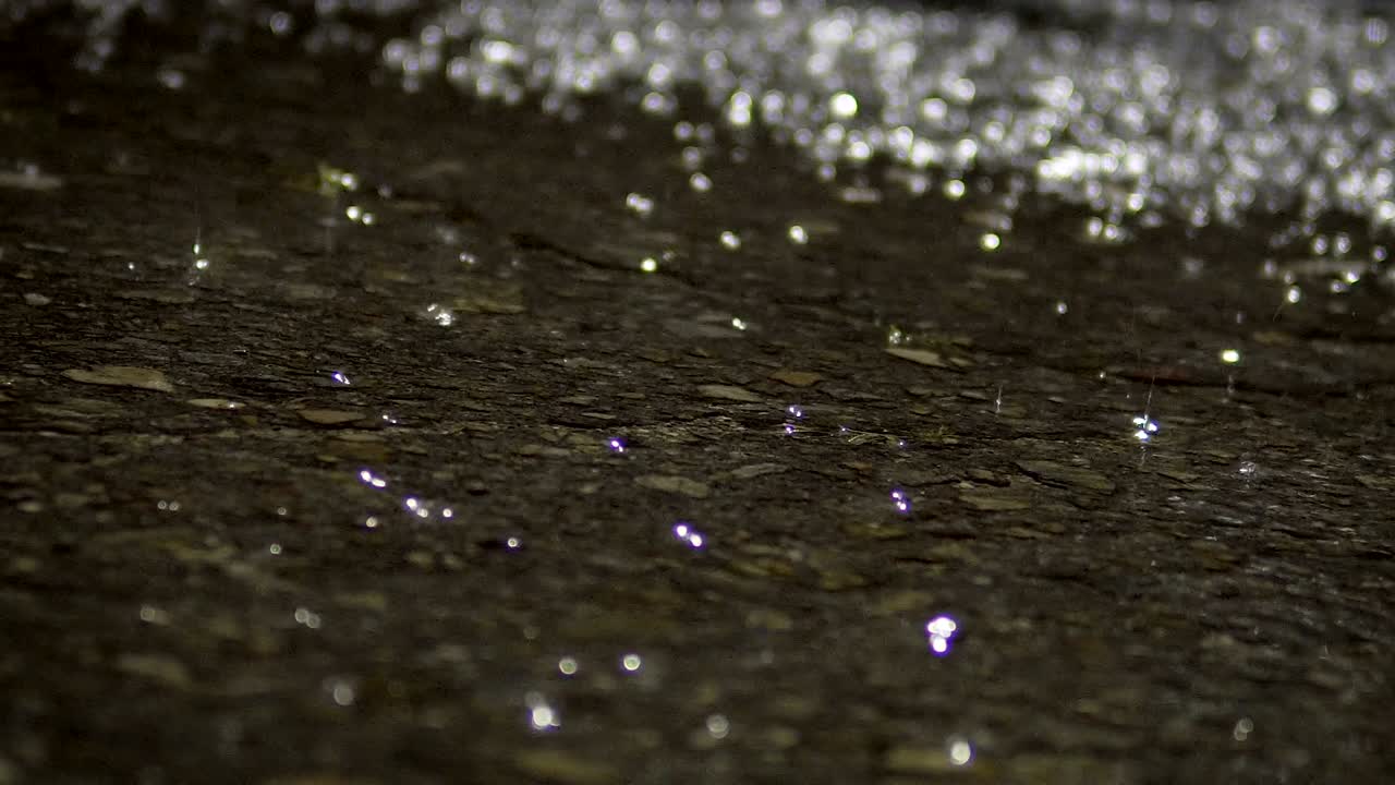 Heavy rain in a puddle on an urban sidewalk at night with a light reflection, cinematic backgrund loop