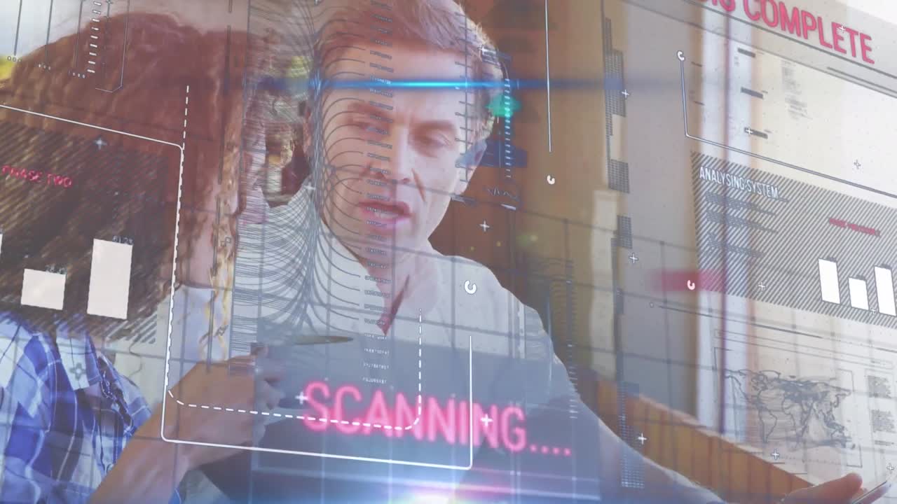 Animation of financial data processing over caucasian couple using tablet