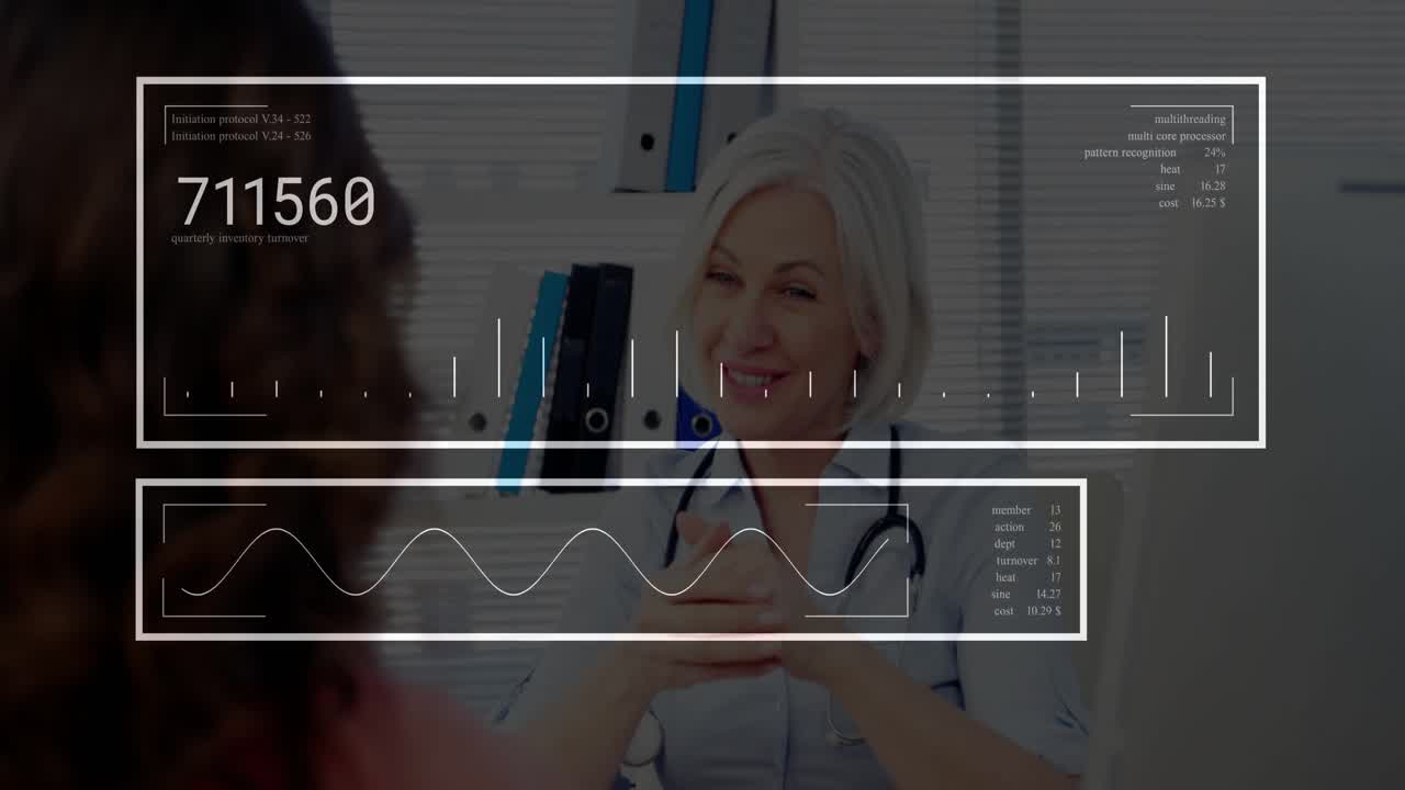 Consulta de salud comenzando, con una doctora gesticulando, paneles cargando signos vitales y una forma de onda animándose.