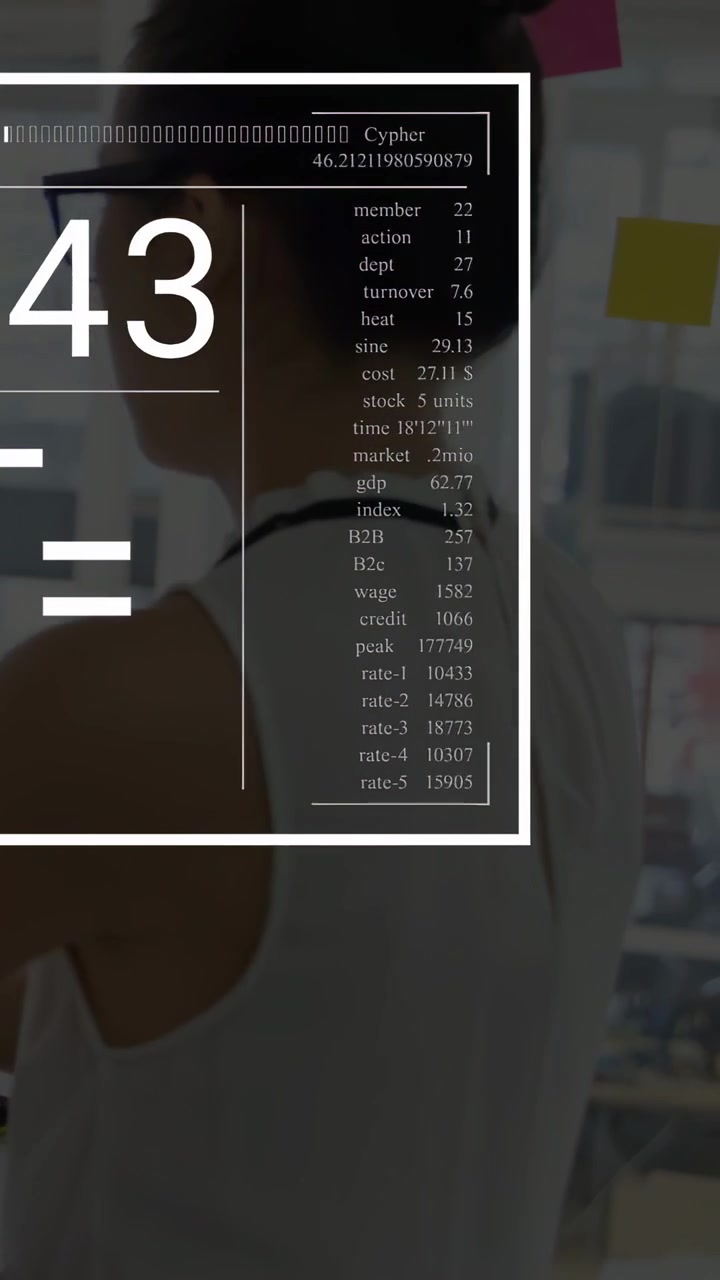 Vertical video: Female worker working at desk, HUD fading over screen showing metrics for business