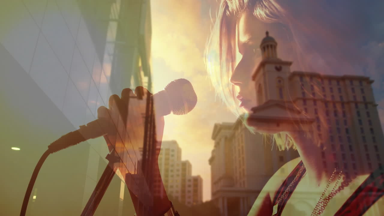 Teenage girl singing into microphone inside music studio, showing city skyline and grid lines