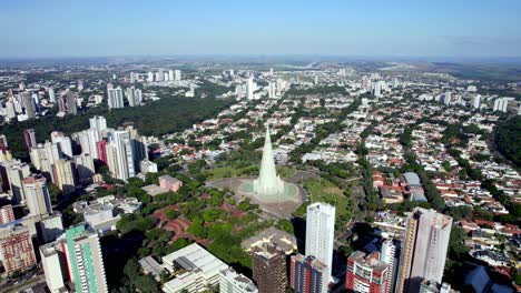 Aerial-view-of-the-city-of-Maringa,-Brazil-with-the-conical-cathedral