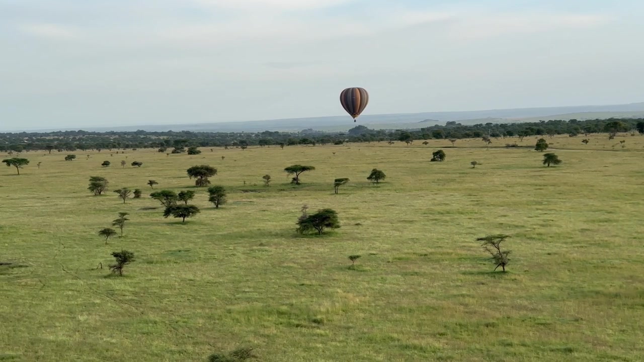 Mongolfiera che sorvola le vaste praterie del Serengeti, Tanzania.