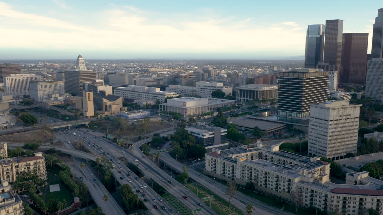 Aerial View of Downtown Los Angeles Skyline and Freeways