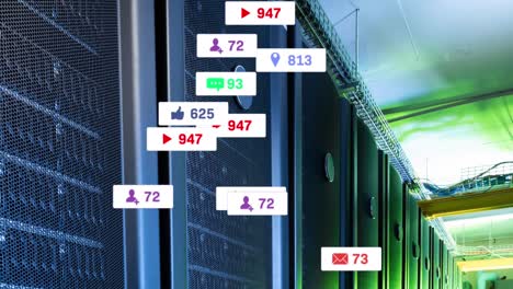 animation of social media icons and data processing over computer servers