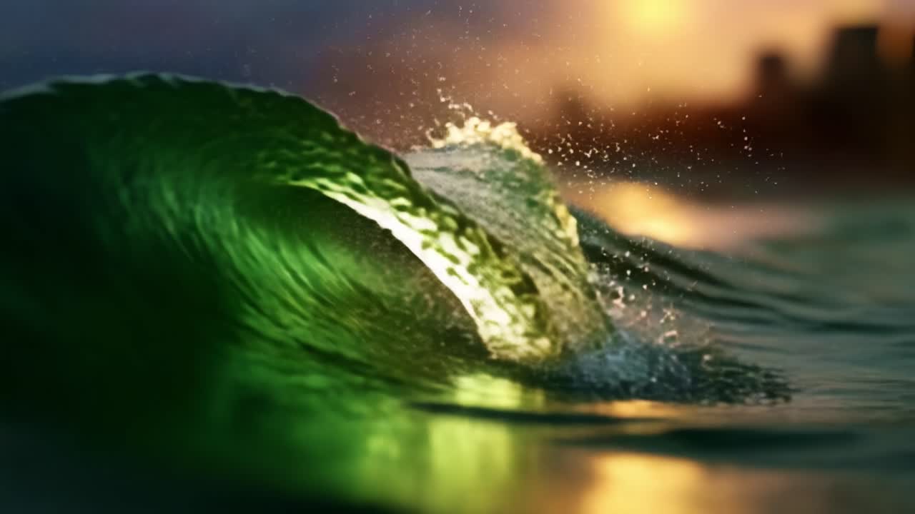 Glistening Green Wave at Sunset: A Mesmerizing Display of Nature's Beauty Captured in Two Frames, Highlighting the Dynamic Motion and Radiant Colors of the Ocean