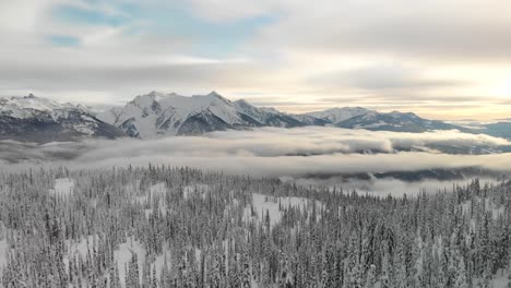 beautiful aerial shot of the snowed canadian rockies with low clouds and a leafy forest