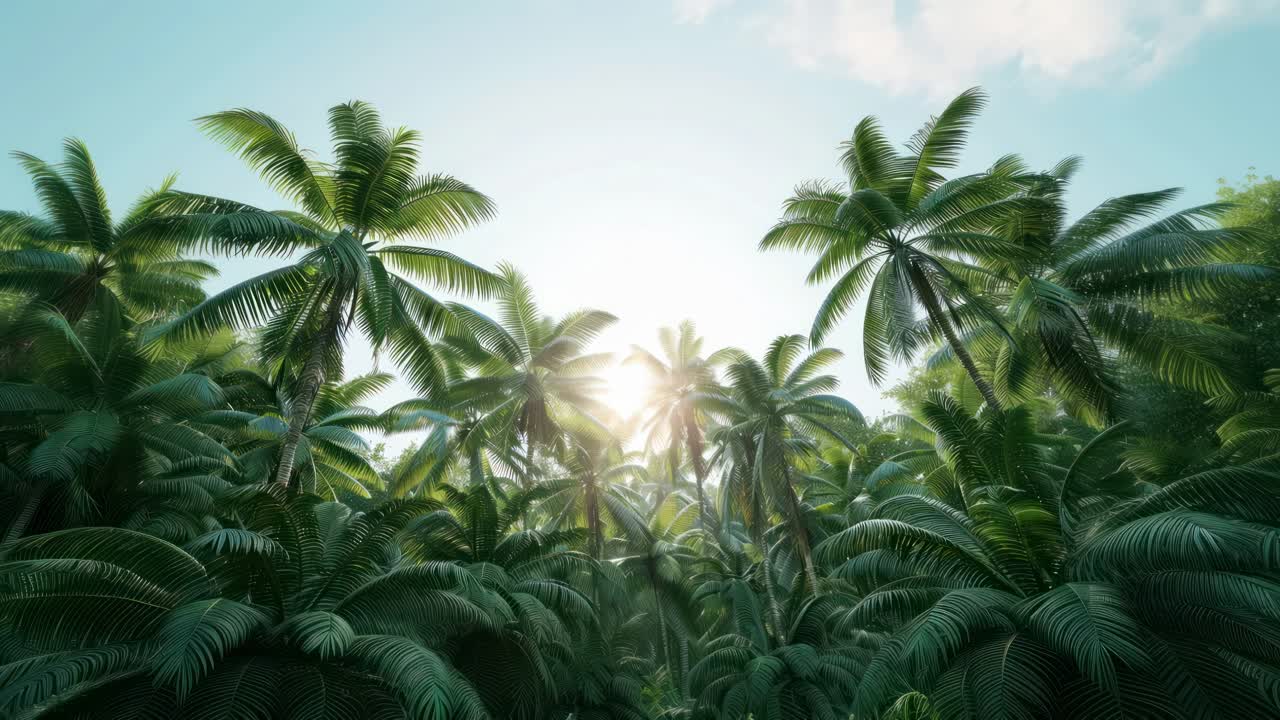 Lush tropical forest with tall palm trees captured from a low-angle, creating an immersive, vibrant