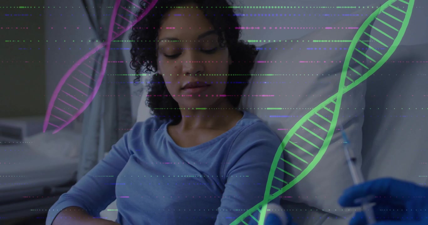 Donna che monitora una mano guantata che sposta una fiala medica, con un'elica di DNA sovrapposta e che controlla il sito di iniezione.