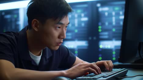 focused individual engaged in computer work amidst digital infrastructure, highlighting modern technology and intense concentration in a professional environment