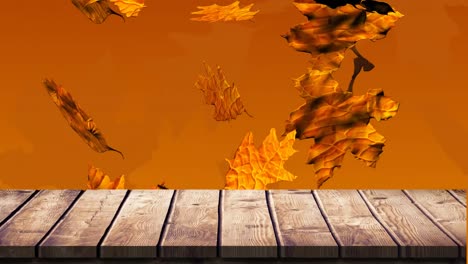 Wooden-plank-against-autumn-leaves-4k