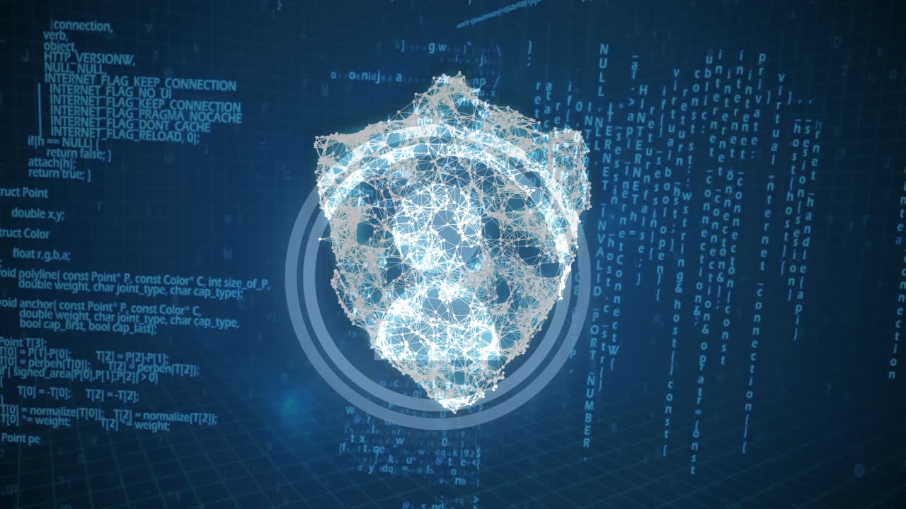 animación del icono del usuario y el escudo digital sobre el procesamiento de datos sobre fondo azul