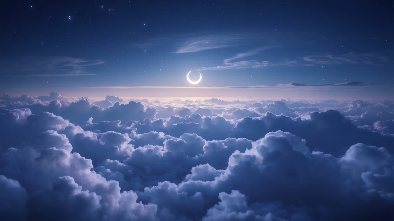 Crescent Moon over Dreamy Night Clouds