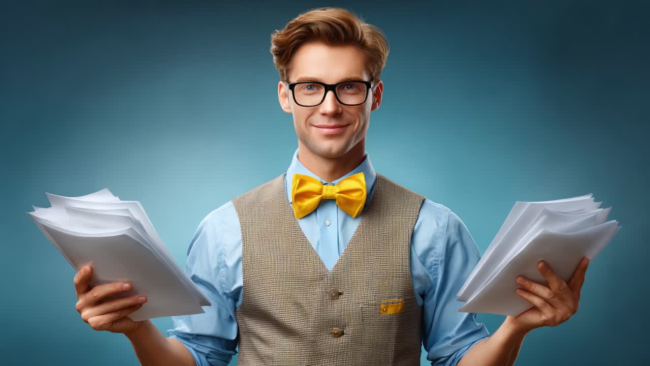 A Confident Man in Stylish Attire Holding Papers and Smiling Brightly Against a Blue Background, Showcasing Both Charm and Professionalism in a Unique Pose