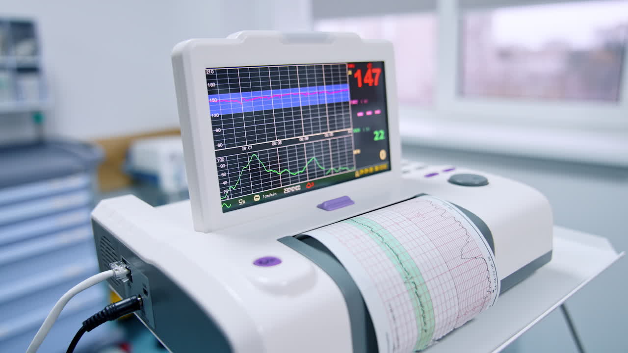 Cardiograph working in the hospital ward. Advanced equipment for heart examination in maternity clinic. Close up.
