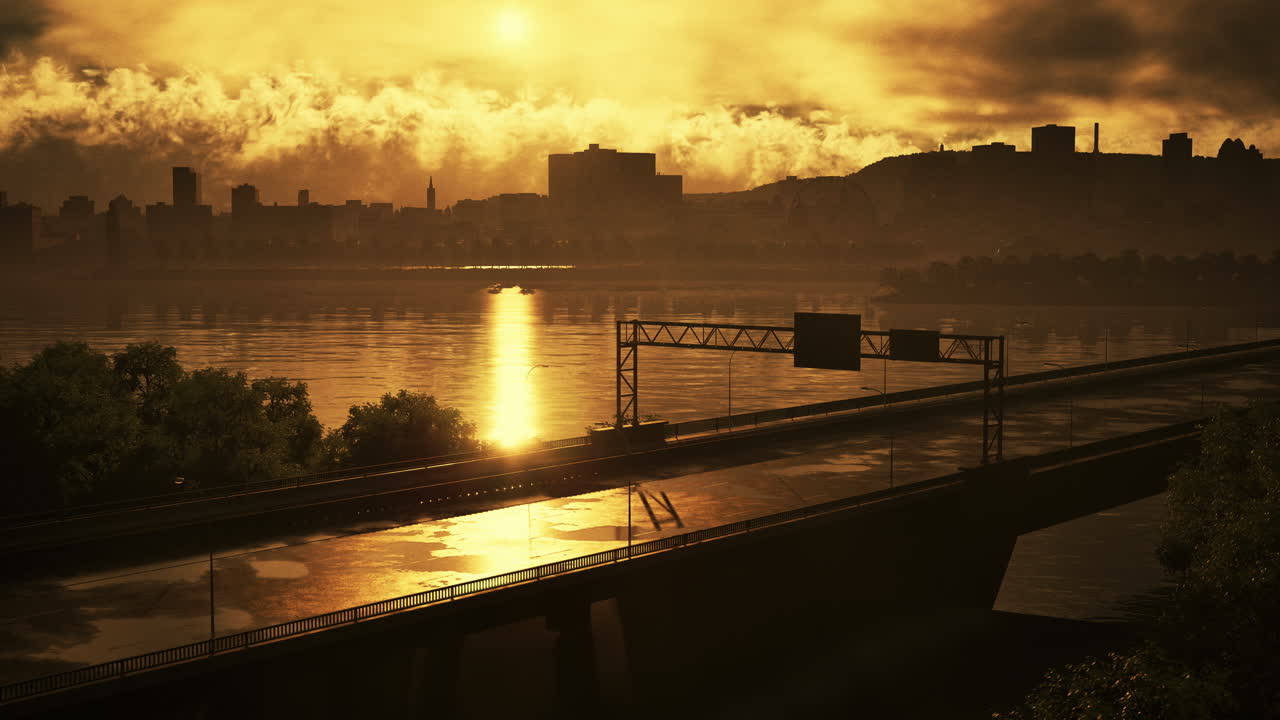 다리와 함께 도시 위에 해가 지는