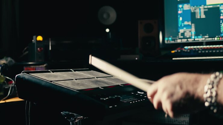 Drummer plays an electronic drum kit in a music studio, recording music with sound engineer in rehearsal room. Lesson of playing percussion drum instruments. Rock music concert.
