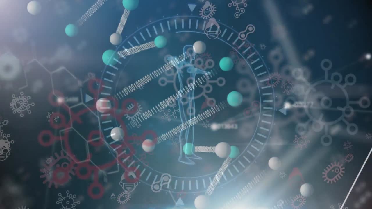 코로나19 세포와 화학 물질 구조를 파란색 배경으로 회전시키는 인체 모델