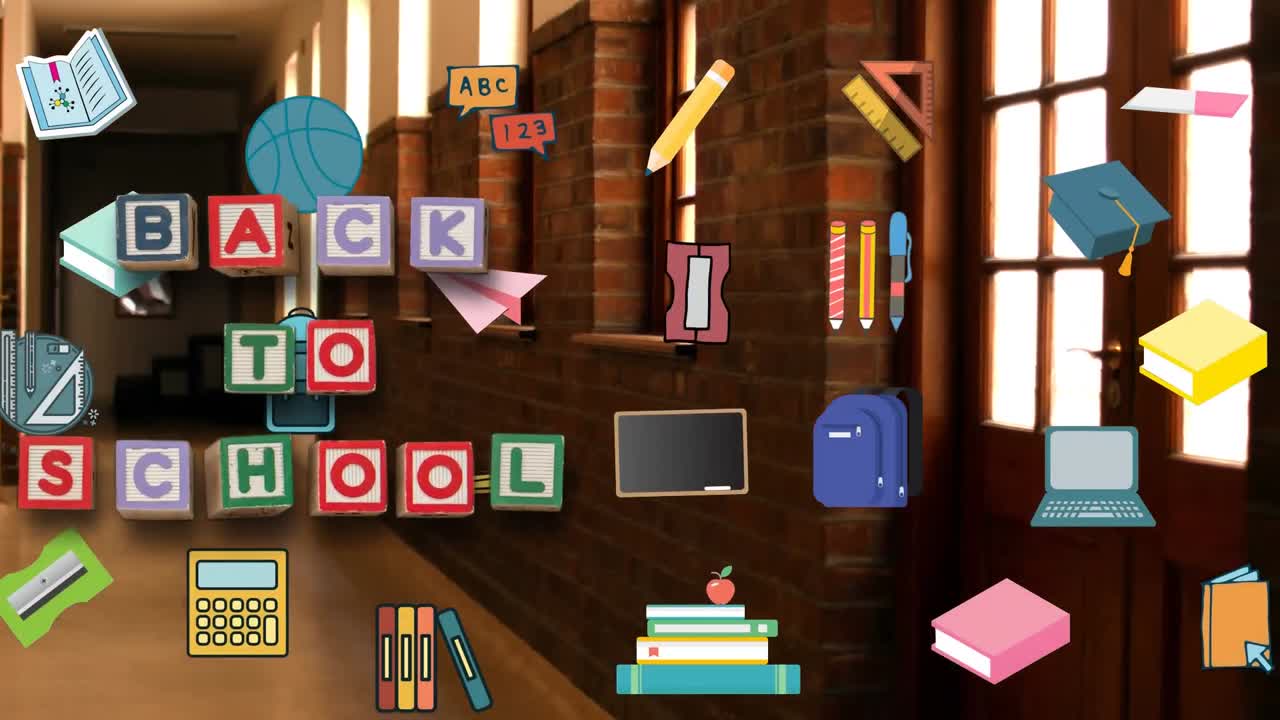 Animation of back to school text over school items icons and empty hall