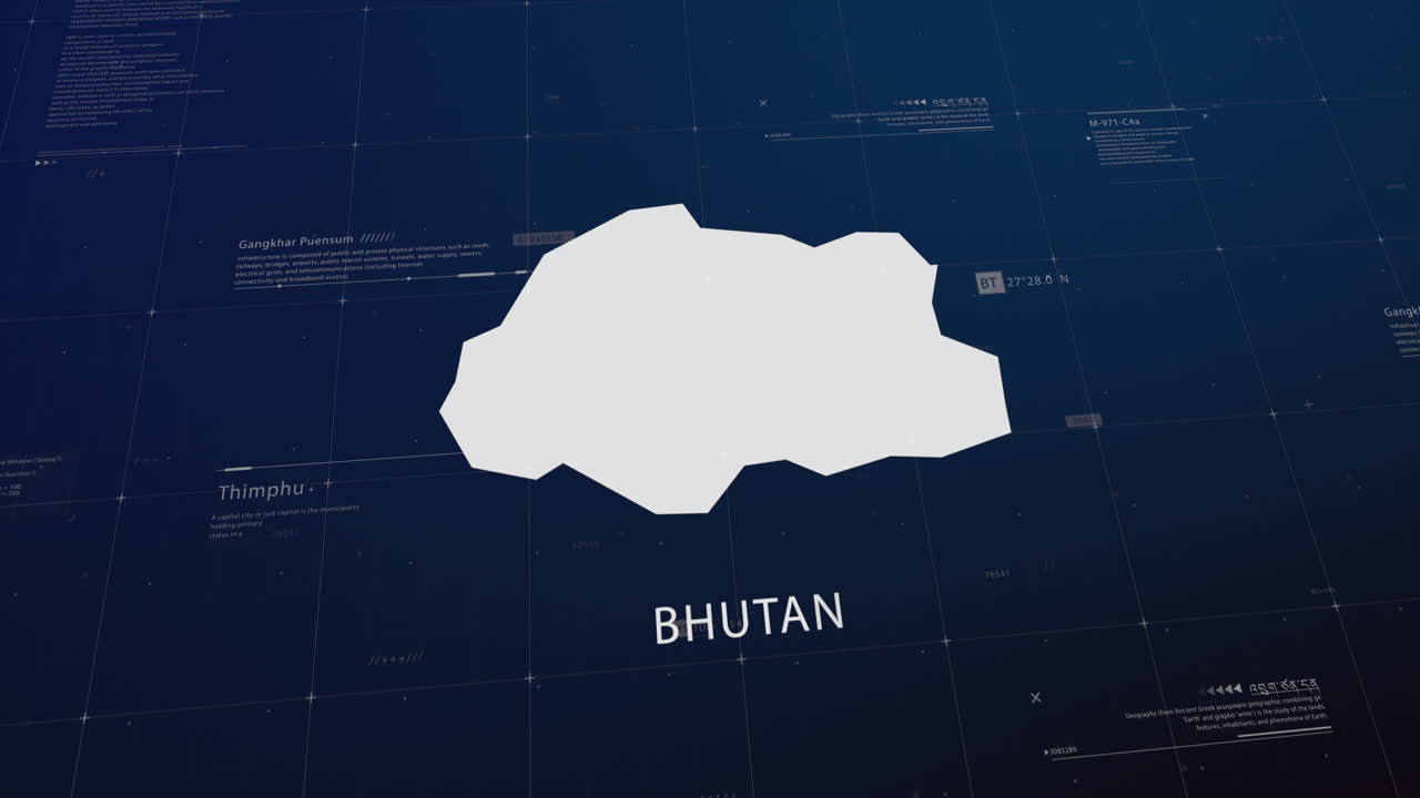 Bhutan country map comes to life with cinematic panning, unveiling key details, the capital, and slogan, providing an engaging background for corporate and commercial use