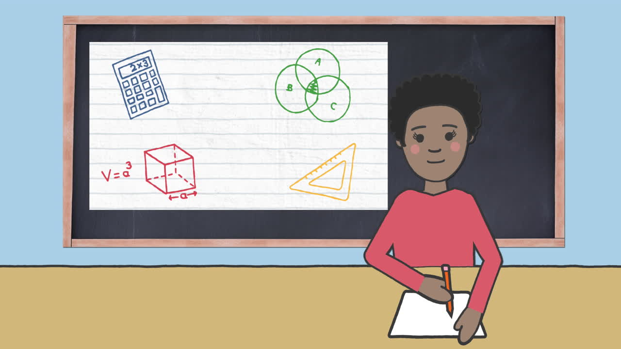Animation of schoolgirl taking notes over blackboard with school items icons on blue background
