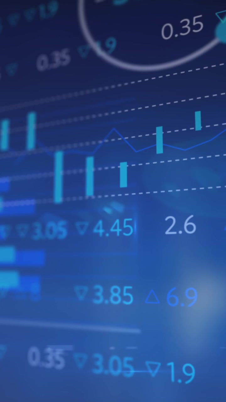 Animazione di elaborazione dati e diagrammi su sfondo blu