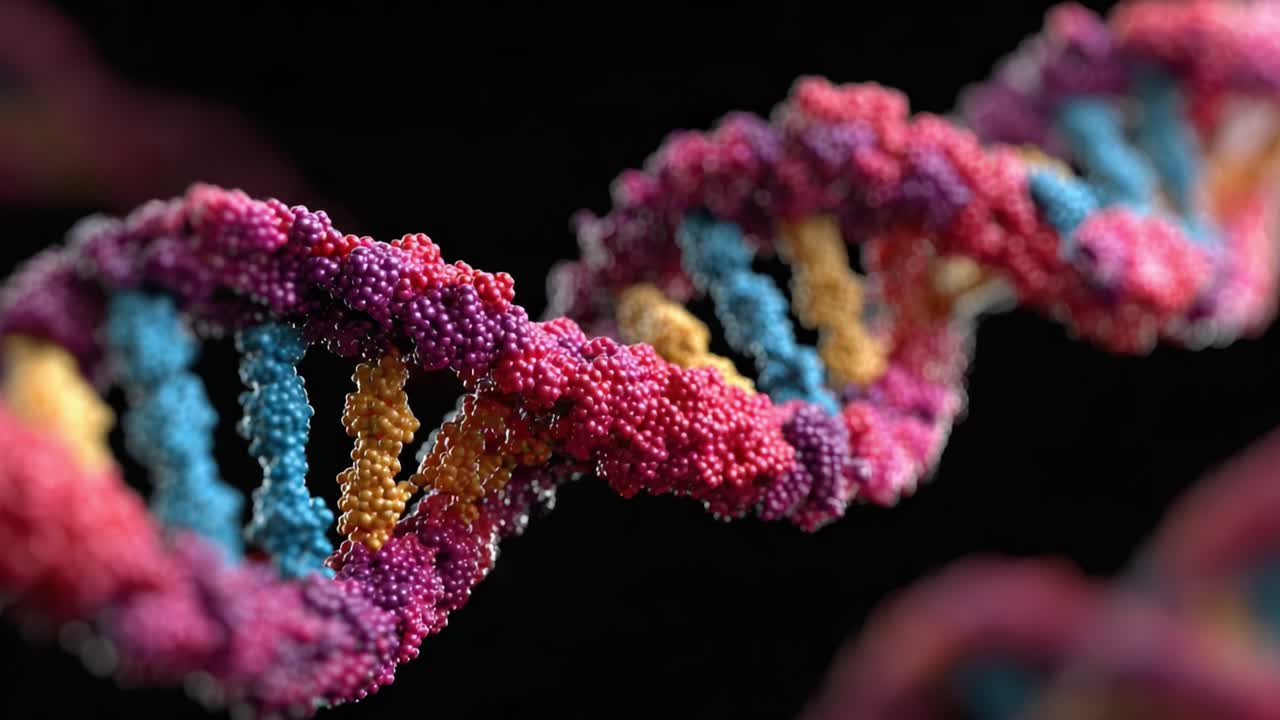 A Striking Visual Representation of DNA Helix Structure Showcasing its Intricate and Colorful Composition in a Microscopic View