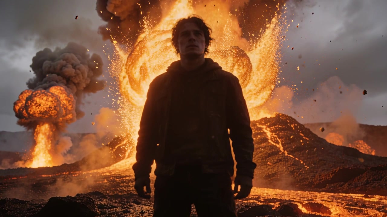 Hombre encapuchado de pie con botas observando chimeneas volcánicas en erupción en un campo de lava, formando canales, penachos y bombas volcánicas.