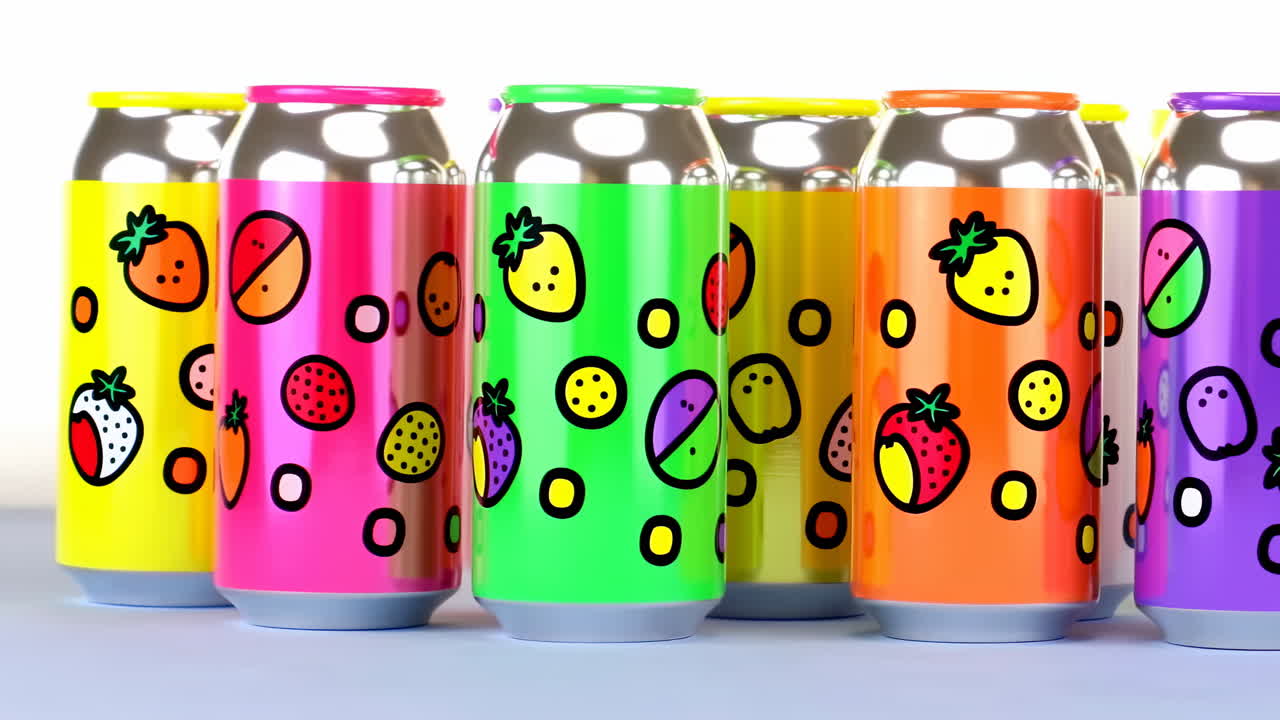 Vivaci lattine di bevande alla frutta in stile cartone animato che scorrono in fila