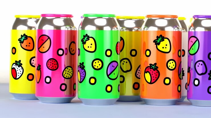 Vibrant Cartoon Fruit Beverage Cans Sliding in a Row