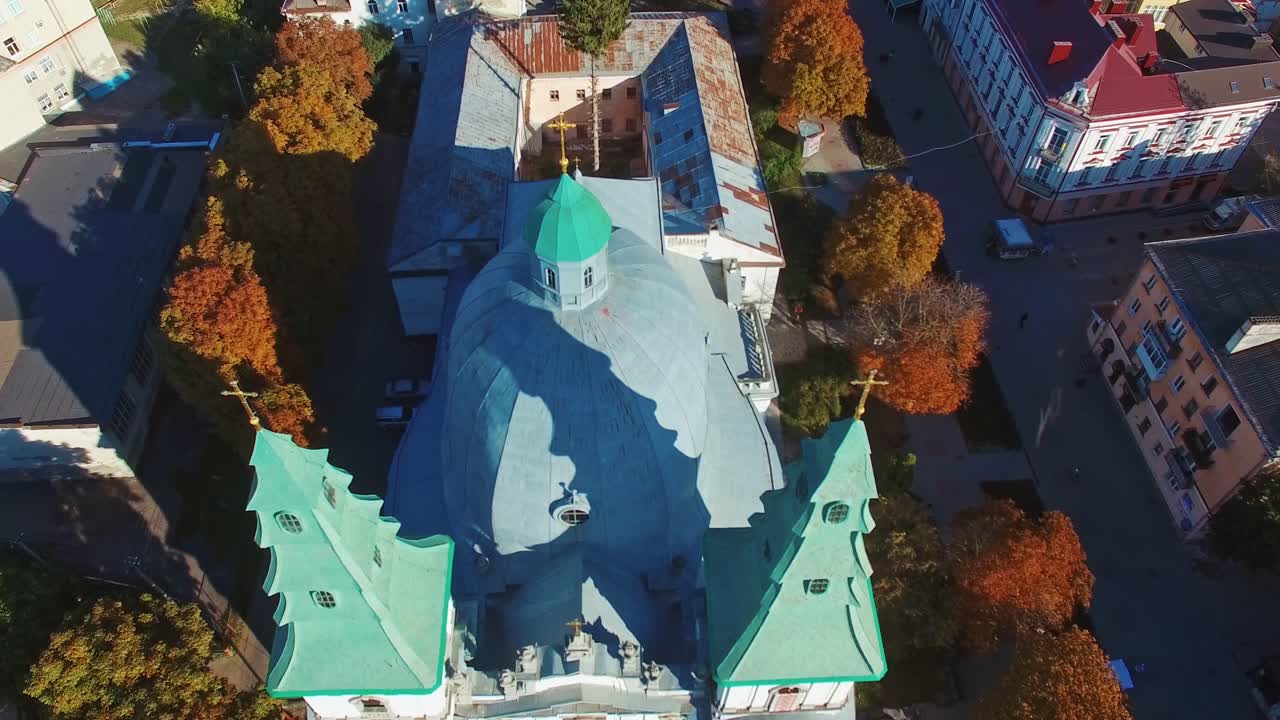 Aerial view of city and church. Aerial drone view of church in city