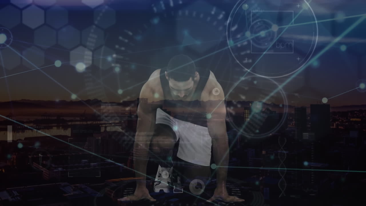 연결 네트워크의 애니메이션 및 데이터 처리가 남성 러너를 통해