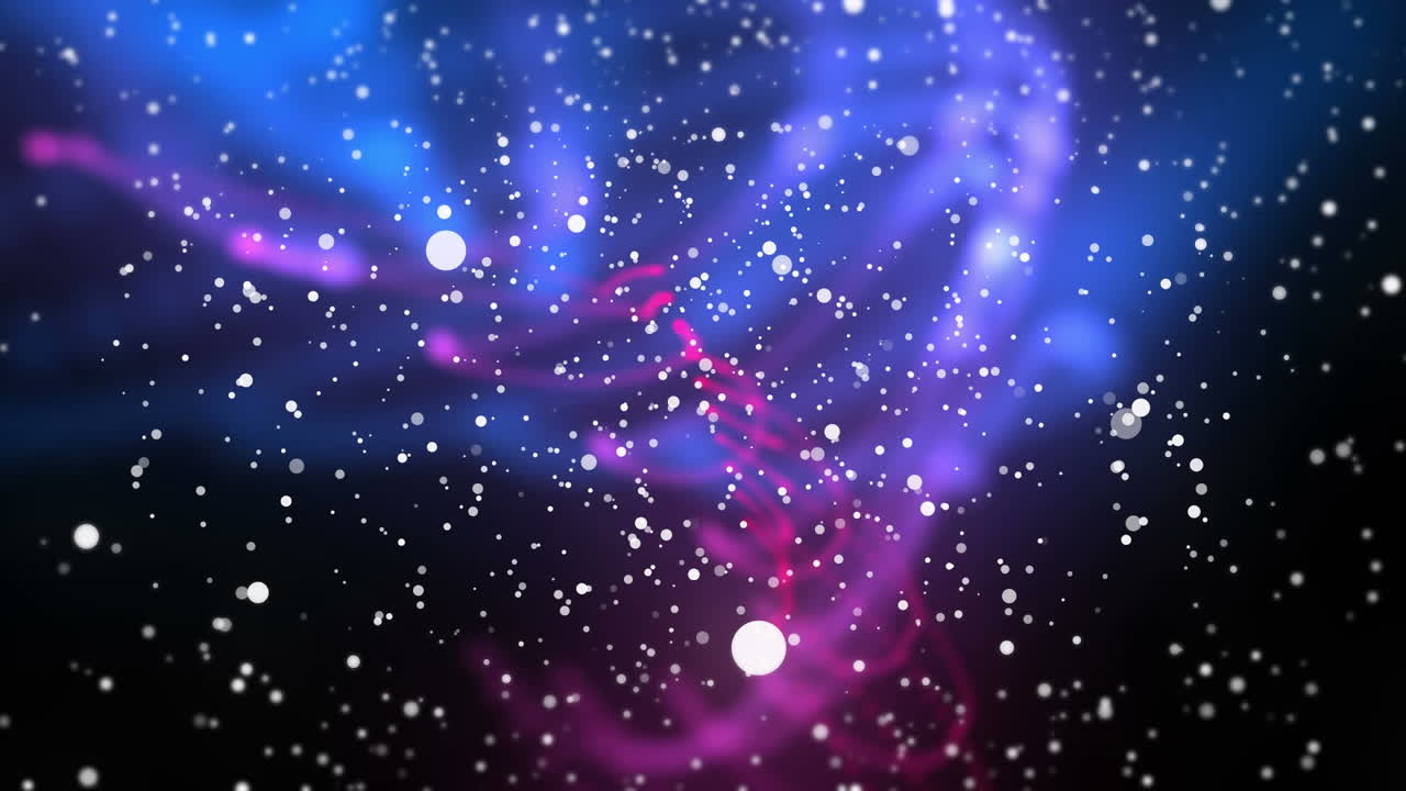 Animering av julig snö som faller över rosa och blå ljusspår på svart bakgrund.