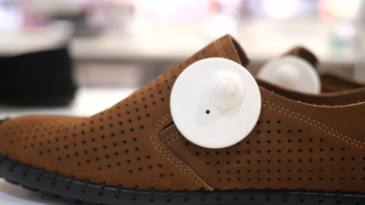 도질 방지 장치가 있는 갈색 가죽 신발